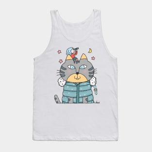 Gray Cat In Puffy Coat with a Pretty Stargazer on Head Tank Top